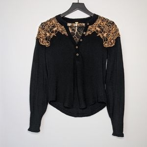 Free People Black Easy Breezy Henley Long Sleeve